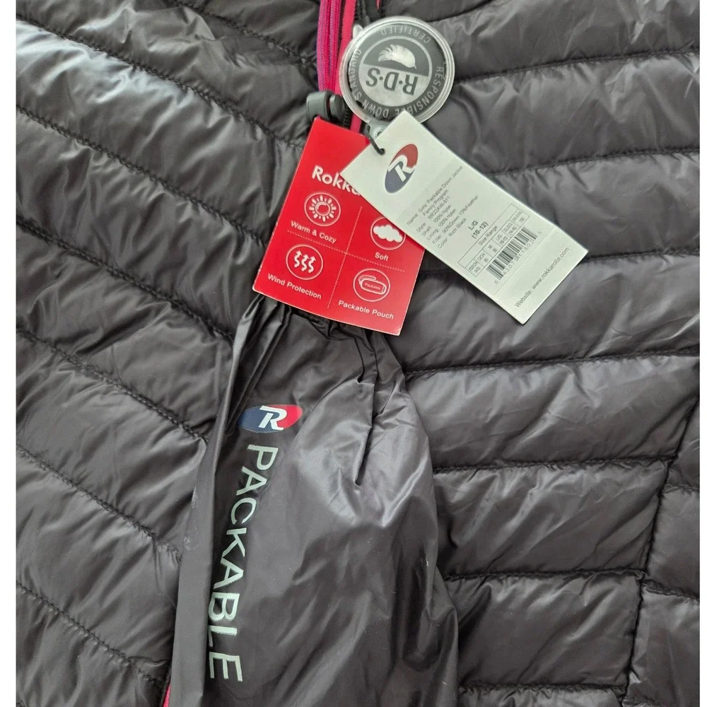 Rokka & Rolla Kids Black Down Puffer Jacket Hooded Packable Pink Zip Sz L 10-12‎